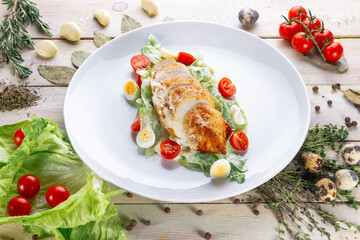 Beautiful juicy healthy food from the chef for an expensive restaurant delicious dishes for guests with a beautiful presentation, fish delicacies, delicious meat with asparagus food photo