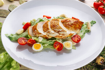 Beautiful juicy healthy food from the chef for an expensive restaurant delicious dishes for guests with a beautiful presentation, fish delicacies, delicious meat with asparagus food photo