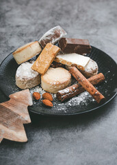 nougats, mantecados and polvorones with Christmas decoration. Assortment of christmas sweets typical in Spain