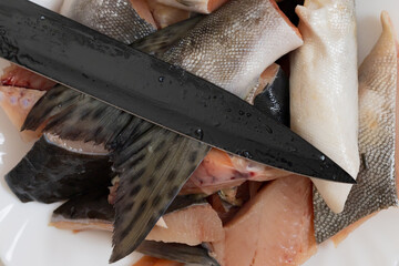 Salmon for fish soup. Culinary background with selective focus