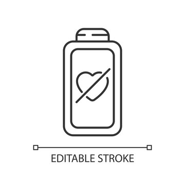 Fully discharged battery linear icon. Low percantage on your device. Disabled system. Thin line customizable illustration. Contour symbol. Vector isolated outline drawing. Editable stroke