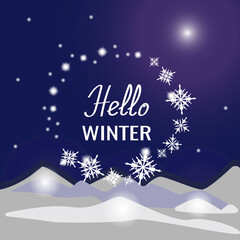 Winter night landscape. Banner, poster, greeting card. Hello winter. Vector illustration of winter nature. Sky, stars, moon and snow. Winter background