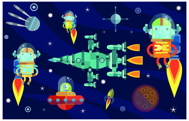 space explorers and spaceships in outer space with planets and stars