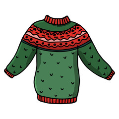 Knitted sweater with a pattern. Сoncept sweet home, cozy mood. Hand drawn vector illustration in doodle style outline drawing isolated on white background.