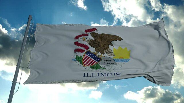Illinois flag on a flagpole waving in the wind in the sky. State of Illinois in The United States of America