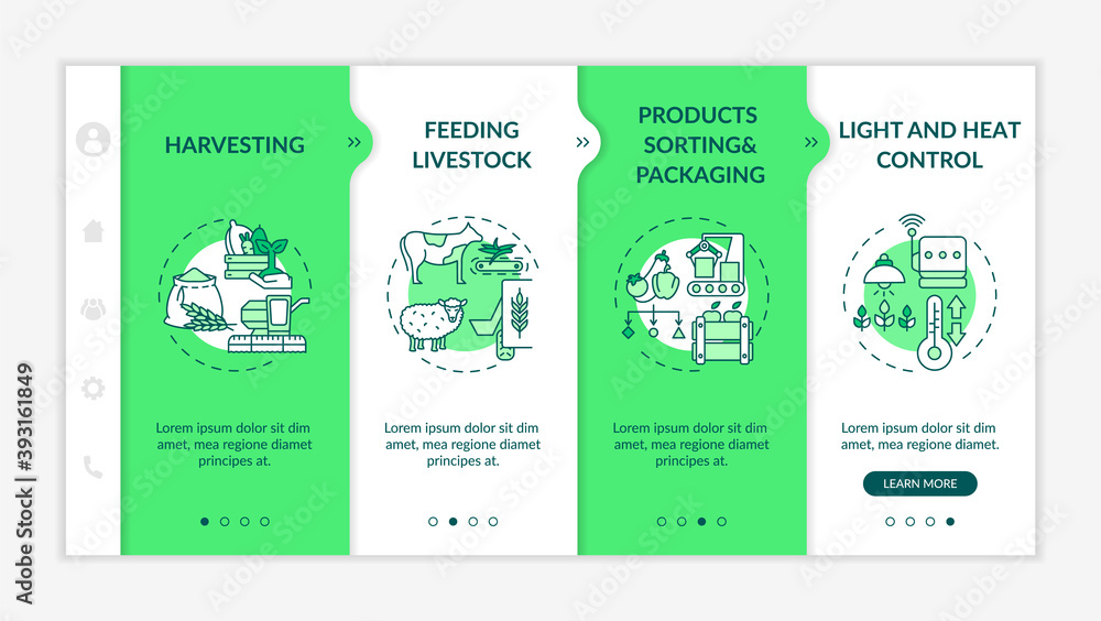 Poster agriculture machines types onboarding vector template. crop harvesting. feeding livestock. responsiv