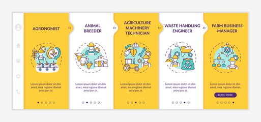 Top agriculture careers onboarding vector template. Agronomist working place. Farm animal breeder. Responsive mobile website with icons. Webpage walkthrough step screens. RGB color concept