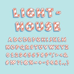 Lighthouse vintage 3d vector alphabet set. Retro bold font, typeface. Pop art stylized lettering. Old school style letters, numbers, symbols pack. 90s, 80s creative typeset design template