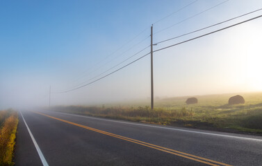 Empty, foggy, rural farm country road in the early morning sunlight with powerlines - Powered by Adobe