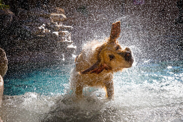 Golden retriever shaking off water after coming out from pool