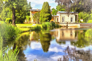 Fototapeta na wymiar Beautiful view on park with old building colorful painting looks like picture