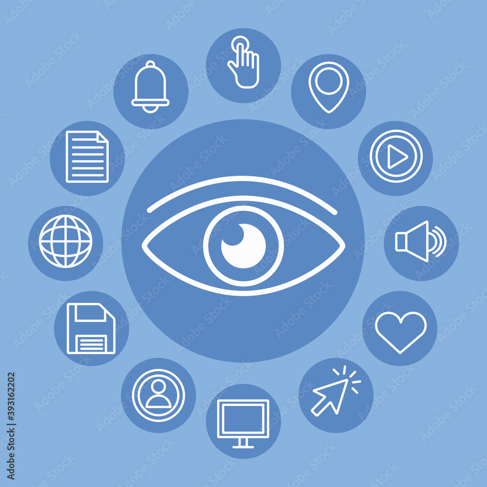 Wall mural eye with interface set line style icons