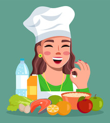 Cook woman showing okay gesture, smiling female and delicious food, cheerful girl wearing hat with collection of meal, sparkling water in bottle, juice, cabbage, eggs, salmon, lemons, apples, oatmeal
