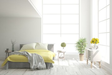 White bedroom interior. Scandinavian design. 3D illustration