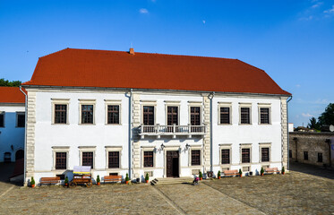 Fototapeta na wymiar Main building of palace and inner yard of medieval Zbarazh Castle in Zbarazh town of Ternopil region in Western Ukraine.