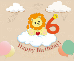 cute baby lion sitting on a cloud 6 years old gift card happy birthday warm colors
