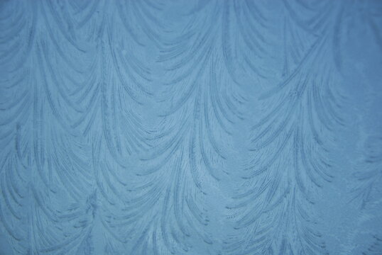 Close up of feather shape pattern on snow covered window in winter