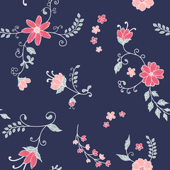 Seamless surface repeat vector pattern design with pink flowers and light green leaves and vines on a dark blue background