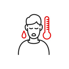 Sick man with thermometer line icon, covid-19 and coronavirus, high temperature sign, vector graphics, a linear icon on a white background, eps 10.