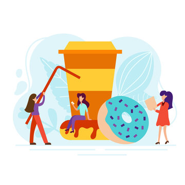 Coffee break concept with tiny people, cup and donut in flat style. Good morning illustration for cafe card, menu, print. Creative lunch vector poster