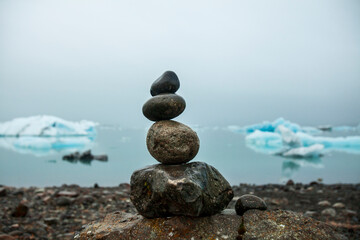 Close up of rock stack at Jokulsarlon glacial lagoon