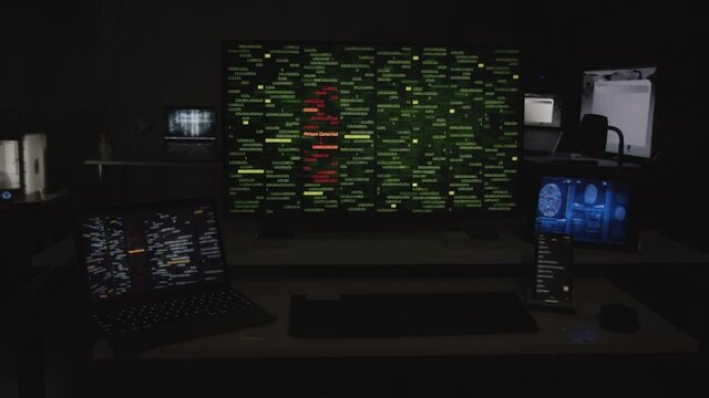 Hacker background. Dark room with devices playing several videos: internet security, program code, security interface and fingerprint access. Technology.  All animations included in my portfolio.