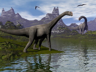 Brontomerus dinosaurs walking in a landscape by day - 3D render