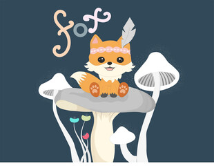 cute baby fox sitting on a grey mushroom with feather
