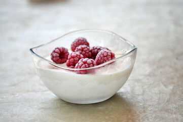 frozen raspberries on a vanilla pudding