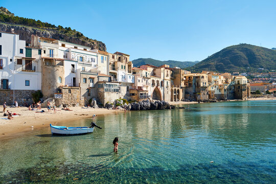 Old Italian houses at the Waterfront of cefalu beach