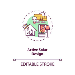 Active solar design concept icon. Renewable sustainable energy source. Electricity for smart house. Biophilia idea thin line illustration. Vector isolated outline RGB color drawing. Editable stroke