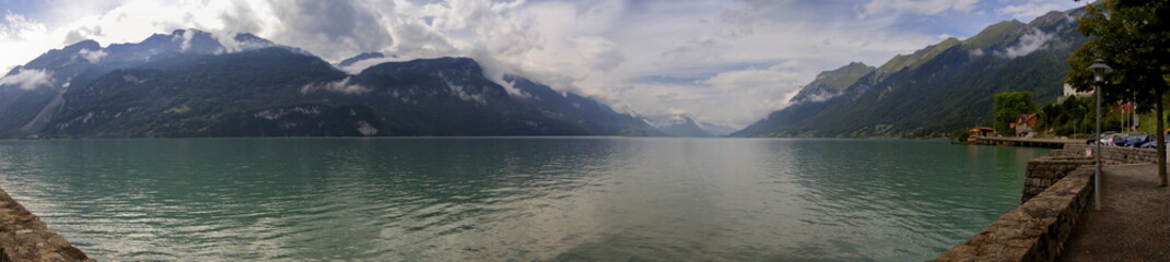 Panorama at Brienz lake and Alps mountains by cloudy day, Switzerland