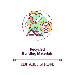 Recycled building materials concept icon. Eco friendly resources. House construction. Reuse waste. Biophilia idea thin line illustration. Vector isolated outline RGB color drawing. Editable stroke