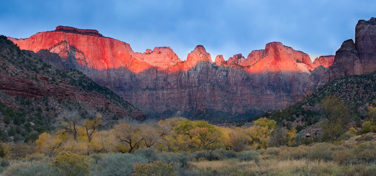 Scenic view of Towers of the Virgin during sunrise in Zion National Park