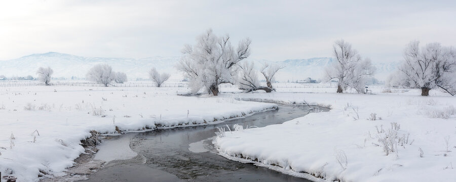 View of creek flowing through snowy landscape