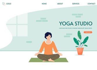 Landing page design template of Yoga Studio. Woman doing yoga in a modern interior. The female character is sitting in the lotus position. Woman doing yoga exercises. Flat vector illustration.