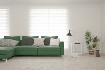 White living room with sofa. Scandinavian interior design. 3D illustration