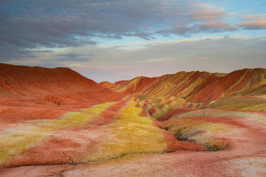 Scenic view of Rainbow Mountains in Zhangye National Geopark