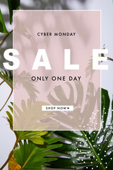 Fresh tropical green leaves on white background with cyber Monday sale illustration