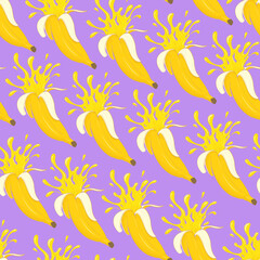 Seamless pattern with hand drawing flying bananas. Fresh juice splash. Isolated on violet.