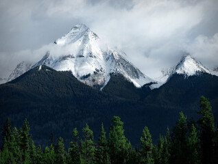 Obraz premium Snowy Rocky Mountains in Telluride, Colorado with bright green trees in the foreground and clouds sweeping across the scene. 