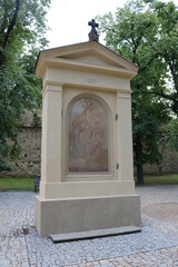 Ancient fresco in the Petrshinsky garden in Prague on a hot summer day