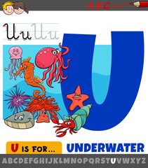 letter U from alphabet with cartoon underwater animals