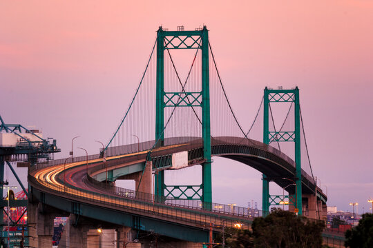 Scenic view of Vincent Thomas Bridge against sky during sunset
