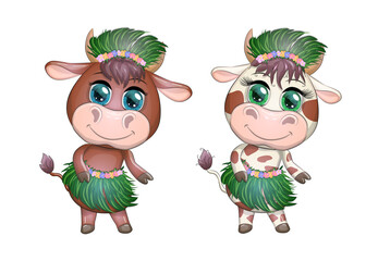 A pair of cute cartoon bull and cow with beautiful eyes is the character of a Hawaiian hula dancer among leaves