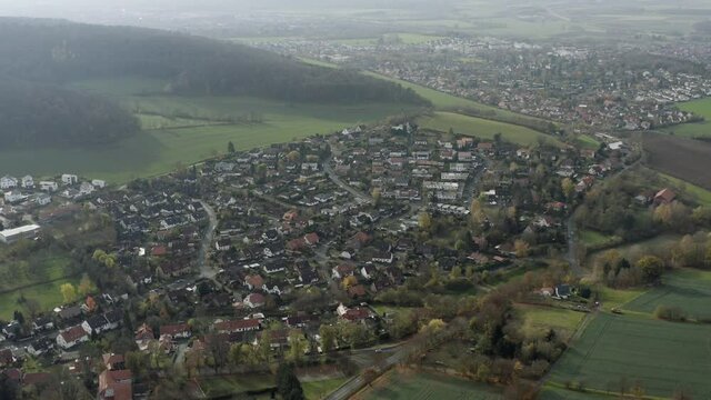 The fairytale castle burg Plesse in Bovenden near G&ouml;ttingen Goettingen at sunrise, Lower Saxony, Germany. Drone aerial shot of the Plesseburg in late autumn.