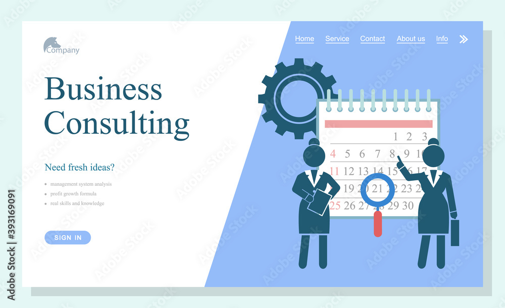 Aufkleber concept of business consulting web site, landing page with text. menu bar and web icons. business wo