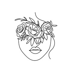 Trendy woman face silhouette in one line art style for fashion prints, tattoos, posters, cards etc. Continuous art face and flowers design isolated on white background.Vector illustration
