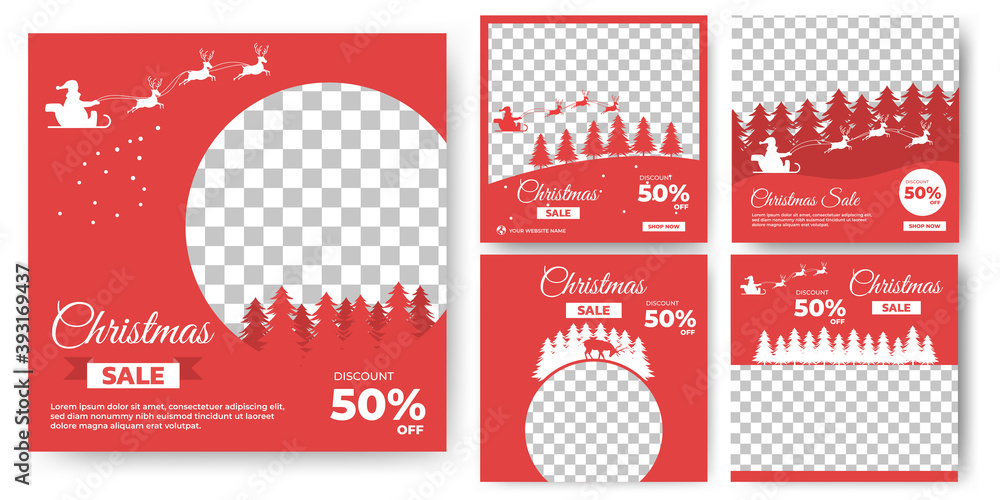 Wall mural Set of editable banner design. Social media template with silhouette of santa claus , deer and tree. Christmas post template with photo collage. Usable for social media, banner and web internet ads.