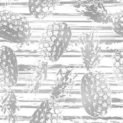 Nahtloses Muster der silbernen Ananas. Exotischer Hintergrund. Tropische Kulisse mit Folieneffekt. Tropisches Sommerfruchtmuster. Moderne, stilvolle Textur mit Ananas. Mode Tapete. Drucke gestalten. Vektor